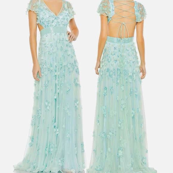NWT Mac Duggal 70275 Aqua Mint Sequined Floral Ruffle Cutout Tulle Maxi Dress 2 - Picture 1 of 11